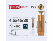 Vruty do dřeva Haushalt, 4,5 x 45/30 mm, ZN, PZ2, 400 ks.