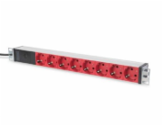 DIGITUS 1U Hliníkové PDU, do stojanu, 8x červený CEE 7/7 10A zástrčka, 250VAC 50/60 Hz, Přípoj C14