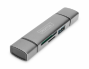 Digitus dvojitá čtečka karet OTG (USB-C + USB 3.0) 1x SD, 1x MicroSD, 1x USB 3.0, šedá