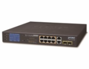 Planet GSD-1222VHP PoE switch, 8x PoE + 2x 1000Base-T + 2x SFP, LCD,VLAN, extend mód 10Mb do 250m, IEEE 802.3at 120W