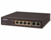 Planet FSD-604HP Planet FSD-604HP, PoE switch 4x PoE 802.3at 60W+ 2x 100Base-TX,VLAN,extend mód 10Mb/s do 250m, fanless,ESD