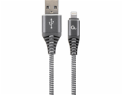 Gembird CC-USB2B-AMLM-2M-WB2 Lightning, šedý, bílý Gembird nabíjecí kabel Lightning 8-pin (M) na USB 2.0 (M), prémiový, opletený, metal konektory, 2 m, šedo-stříbrný