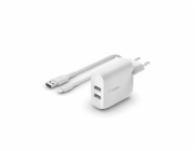 Belkin BOOST CHARGE™ Duální 24W USB-A nástěnná nabíječka + 1m lightning kabel, bílá