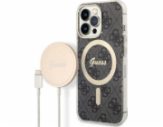 Sada nabíječky Guess pouzdro Guess + bezdrátová nabíječka GUBPP13XH4EACSK Apple iPhone 13 Pro Max černo/černé pevné pouzdro 4G Print MagSafe