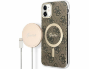 Guess Charger Set Guess pouzdro + bezdrátová nabíječka GUBPN61H4EACSW Apple iPhone 11 hnědé/hnědé pevné pouzdro 4G Print MagSafe