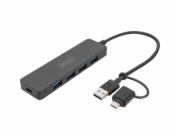 DIGITUS USB 3.0 Hub 4-Port+USB-C Adapter, SlimLine 0,2m Cable