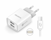 Chytrá síťová nabíječka ALIGATOR 2,4A, 2xUSB, smart IC, bílá, USB-C kabel