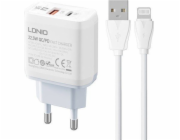 LDNIO nabíječka LDNIO A2421C USB nástěnná nabíječka, USB-C 22,5W + Lightning kabel