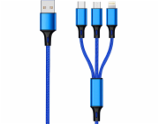 USB 2GO USB-A - USB-C + microUSB + Lightning kabel 1,5 m Modrý (797151)