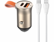 Nabíječka do auta LDNIO C509Q, USB + USB-C, 30 W + kabel USB-C na Lightning (zlatý)