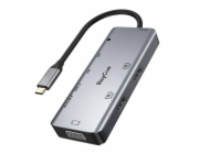 Rozbočovač 9v1 RayCue USB-C na 2x USB-A 3.0 5Gb/s + 2x SD/TF 3.0 + 2x HDMI 4K30Hz + VGA 1080p + jack 3,5mm + PD 3.0 100W (šedý)