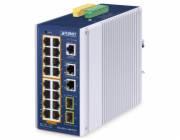 Planet IGS-4215-16P2T2S průmyslový L2 switch, 18x 1Gb, 2x1Gb SFP, 16x PoE 802.3at 320W, 48~54VDC, IP30