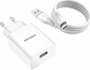 Nástěnná nabíječka VFAN E03, 1x USB, 18W, QC 3.0 + kabel Micro USB (bílá)