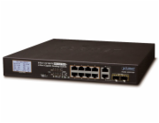 PLANET FGSD-1022VHP PoE switch, 8x100, 2x1000-TP/SFP, LCD, VLAN, extend mód 10Mb do 250m, IEEE 802.3at<120W