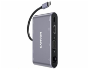 CANYON replikátor portů DS-14 8v1, 1xUSB-C PD 100W, 1xHDMI (4K), VGA, 3xUSB-A 3.0, RJ45 Gb, 3.5mm jack