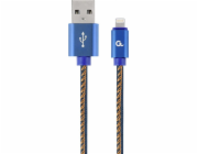 Gembird CC-USB2J-AMLM-2M-B USB-A/Lightning, 2m Gembird nabíjecí kabel Lightning 8-pin (M) na USB 2.0 (M), prémiový, opletený, metal konektory, 2 m, džínsovina