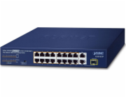 Planet FGSD-1821P PoE switch, 16x100M + 1xGb/SFP, extend mód 10Mb-250m, PoE 802.3at 185W