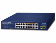 Planet PoE switch 18x1Gb + 2xSFP 1Gb, 16x PoE 802.3at 30/185W, VLAN, extend mód 10Mb-250m