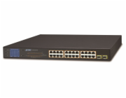 Planet GSW-2620VHP PoE switch, 24x1Gb + 2xSFP 1Gb, LCD, VLAN, extend mód 10Mb-250m, 802.3at, 802.3az, 300W PoE Budget