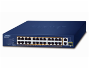 Planet FGSD-2621P PoE switch, 24x100M + 1x1Gb RJ45 + 1xSFP, PoE 802.3at 185W, extend mód 10Mb-250m