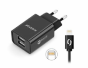 Chytrá síťová nabíječka ALIGATOR 2,4A, 2xUSB, smart IC, černá, USB kabel pro iPhone/iPad