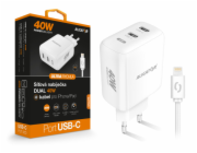 Chytrá síťová nabíječka ALIGATOR Power Delivery 40W, 2xUSB-C, USB-C kabel pro iPhone/iPad, bílá