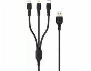 Denmen USB-A - USB-C + microUSB + Lightning kabel 1 m černý (29360)