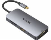 MOKiN 8v1 USB-C adaptér na 3x USB 3.0 + HDMI + USB-C + VGA + čtečka karet SD + čtečka karet Micro SD (stříbrná)