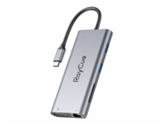 Rozbočovač 11w1 RayCue USB-C do 2x USB-A 2.0 480Mb/s + 3x USB-A 3.2 5Gb/s + SD/TF 3.0 + HDMI 4K30Hz + VGA 1080p + RJ45 + PD 3.0 100W (sary)