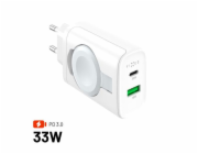 Nabíječka FIXED Power Socket s USB-A a USB-C výstupem a vyklápěcí nabíječkou pro Apple Watch, 33W, bílá, síťová